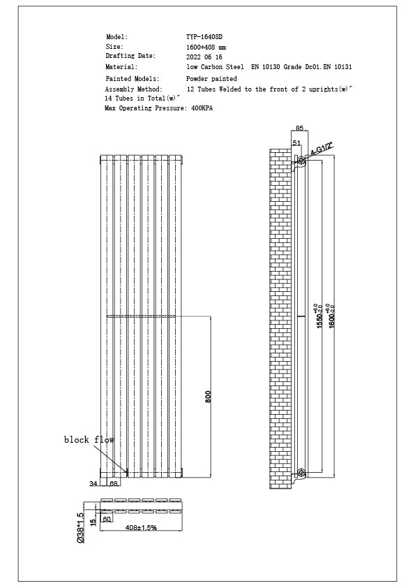 Typhoon - Black Vertical Radiator H1600mm x W408mm Double Panel