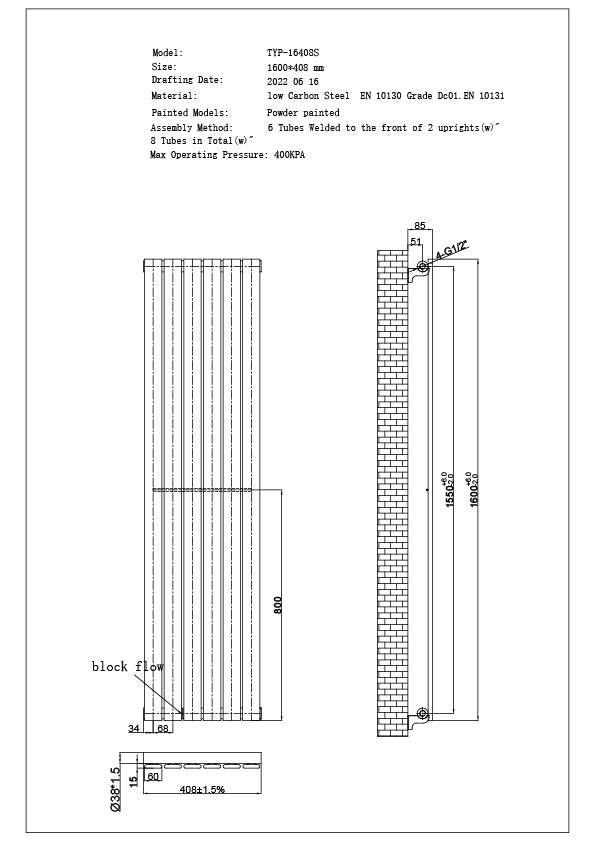 Typhoon - Anthracite Designer Radiator H1600mm x W408mm Single Panel - Feet Included