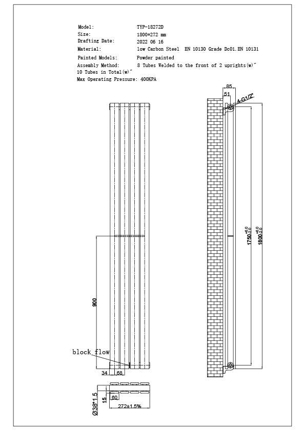 Typhoon - Black Designer Radiator H1800mm x W272mm Double Panel - Feet Included