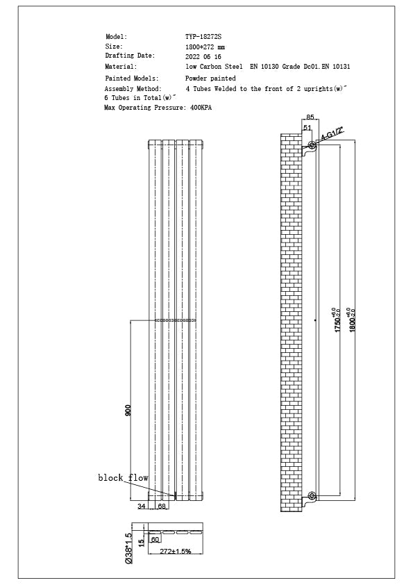 Typhoon - Black Vertical Radiator H1800mm x W272mm Single Panel