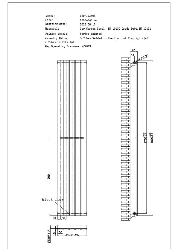 Typhoon - White Vertical Radiator H1800mm x W340mm Single Panel