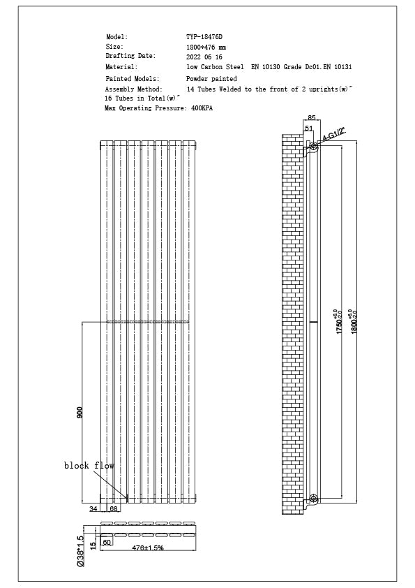 Typhoon - Black Vertical Radiator H1800mm x W476mm Double Panel