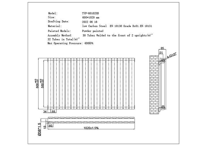 Typhoon - Anthracite Horizontal Radiator H600mm x W1020mm Double Panel