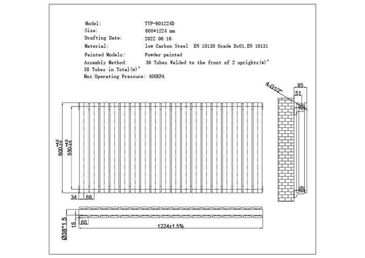 Typhoon - Anthracite Horizontal Radiator H600mm x W1224mm Double Panel