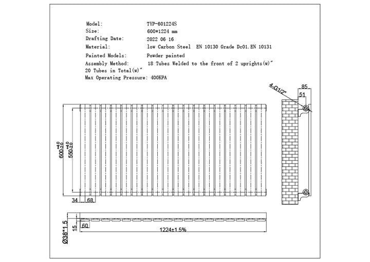 Typhoon - Black Horizontal Radiator H600mm x W1224mm Single Panel