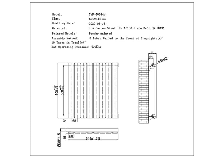 Typhoon - Anthracite Horizontal Radiator H600mm x W544mm Single Panel