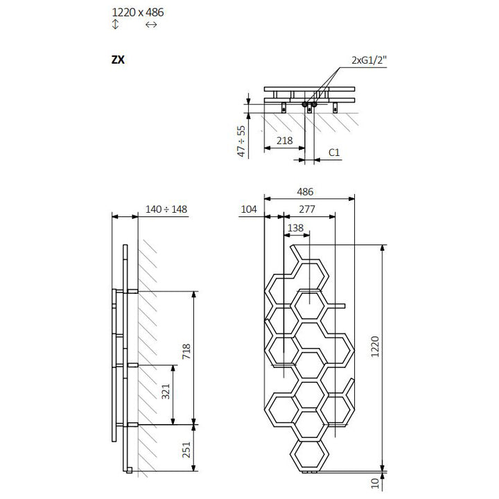 Hex - Sparkling Grey Vertical Designer Radiator H1220mm x W486mm Single Panel