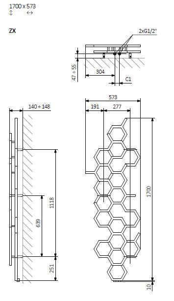 Hex - Black Vertical Designer Radiator H1700mm x W573mm Single Panel