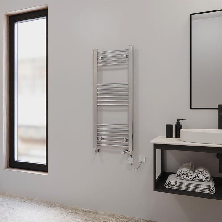 Zennor - Chrome Dual Fuel Towel Rail H1000mm x W400mm Thermostatic - Curved