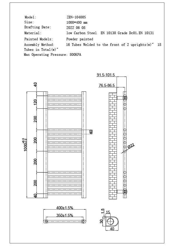 Technical specification sheet for Zennor black dual fuel heated towel rail, 1000mm x 400mm thermostatic WiFi straight radiator, showing dimensions and key details