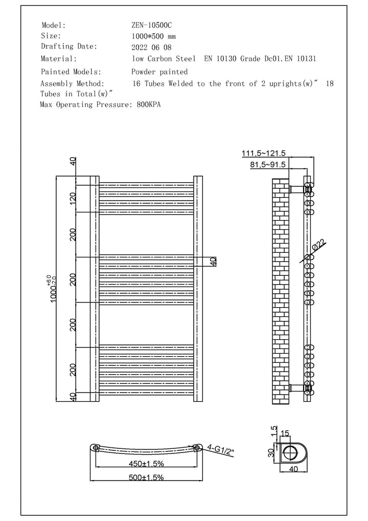 Technical specification sheet for Zennor anthracite dual fuel heated towel rail, 1000mm x 500mm thermostatic curved radiator, showing dimensions and key details