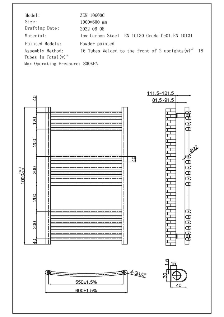 Zennor - Black Electric Towel Rail H1000mm x W600mm Curved 500w Thermostatic WIFI