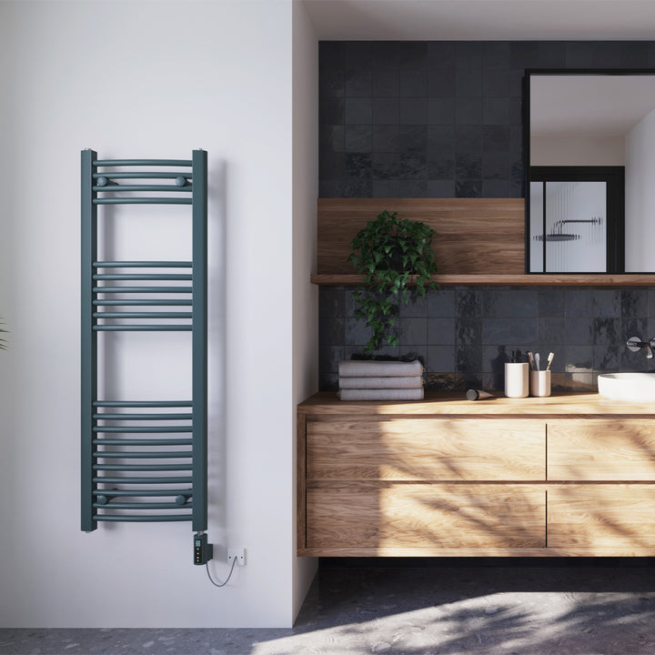 Zennor - Anthracite Electric Towel Rail H1200mm x W400mm Curved 300w Thermostatic WIFI