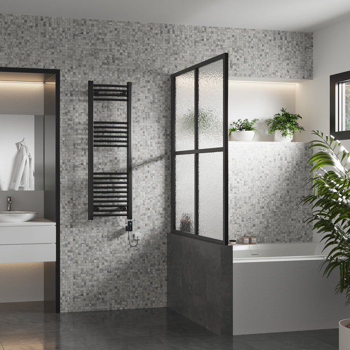 Zennor - Black Electric Towel Rail H1200mm x W400mm Curved 300w Thermostatic WIFI