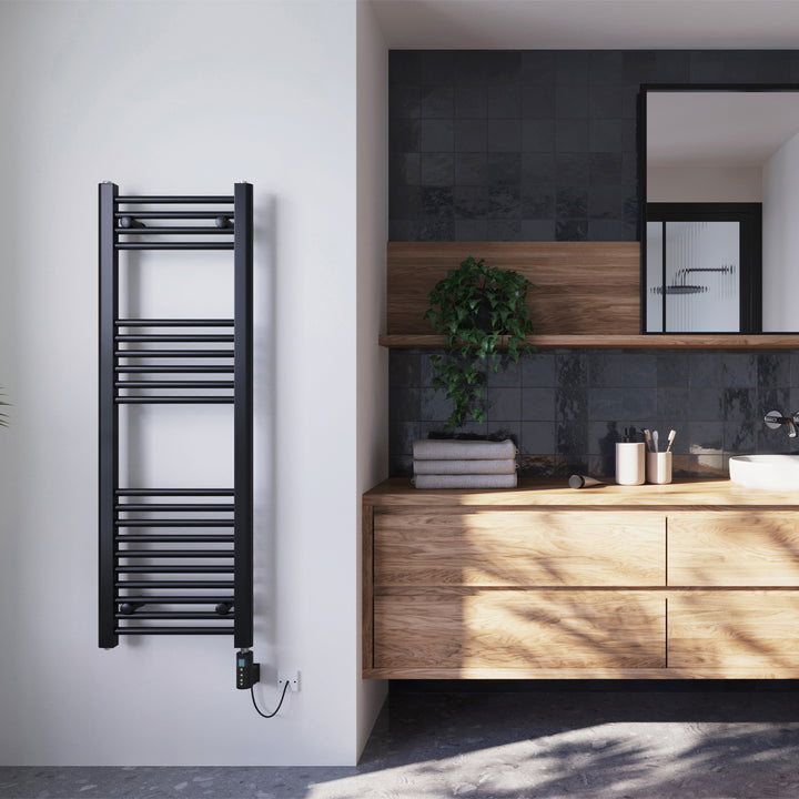 Zennor - Black Electric Towel Rail H1200mm x W400mm Straight 300w Thermostatic WIFI