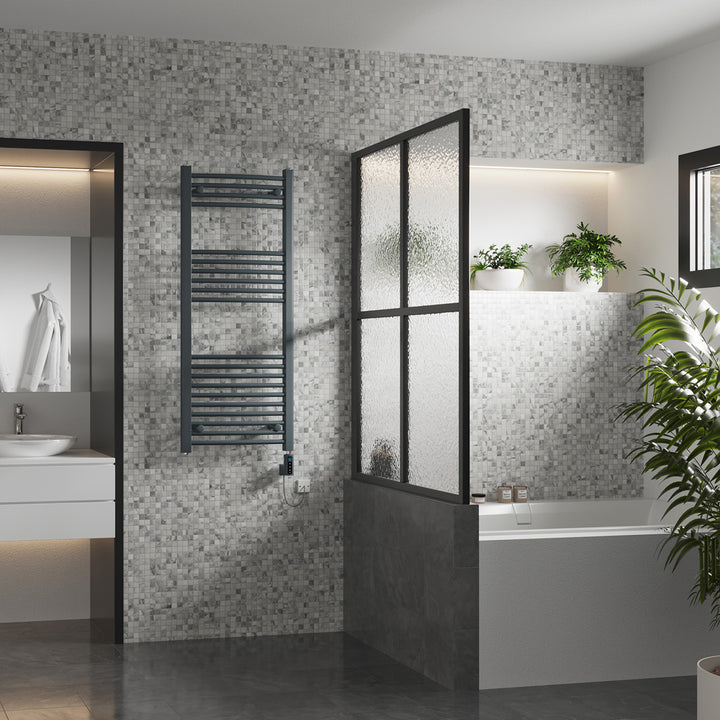 Zennor - Anthracite Electric Towel Rail H1200mm x W500mm Curved 500w Thermostatic WIFI