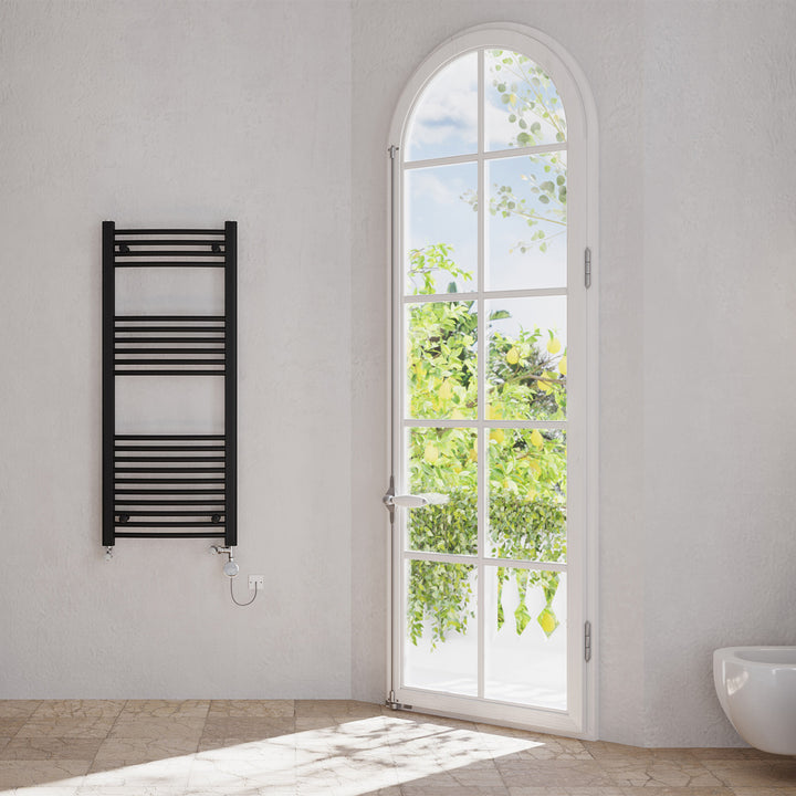 Zennor - Black Dual Fuel Towel Rail H1200mm x W500mm Thermostatic - Curved