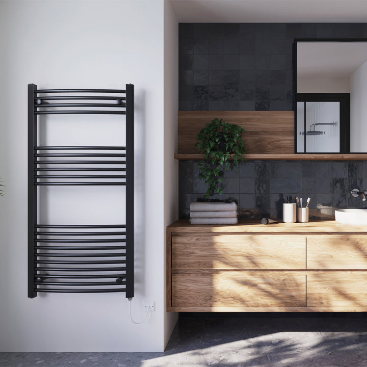 Zennor - Black Electric Towel Rail H1200mm x W600mm Curved 500w Standard