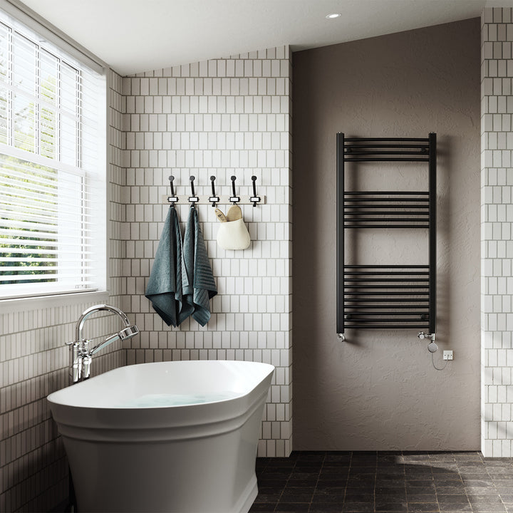 Zennor - Black Dual Fuel Towel Rail H1200mm x W600mm Thermostatic - Curved