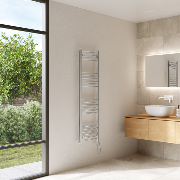 Zennor - Chrome Electric Towel Rail H1400mm x W400mm Curved 300w Thermostatic