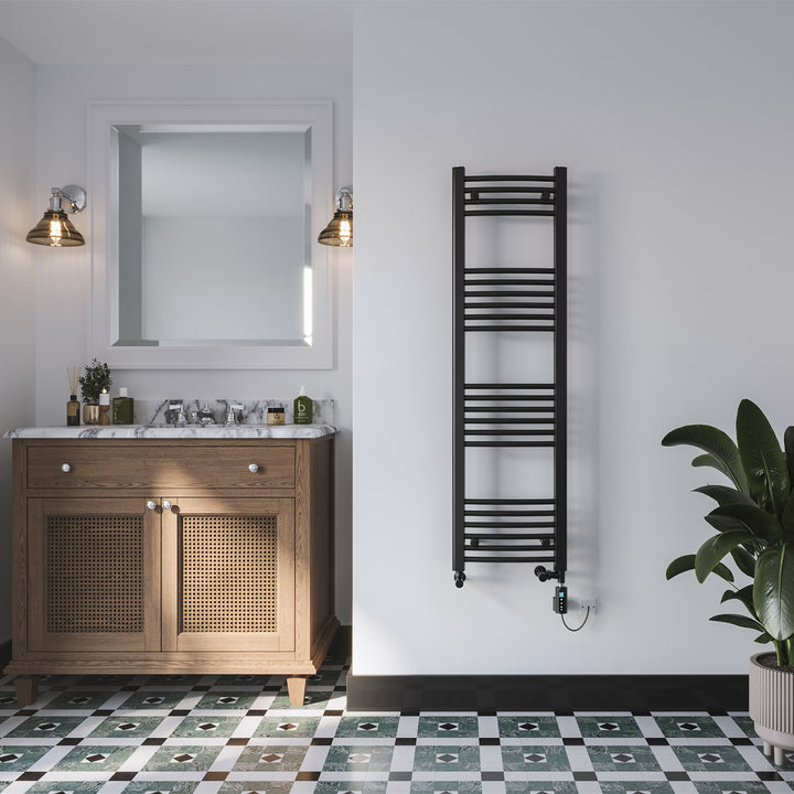 Zennor - Black Dual Fuel Towel Rail H1400mm x W400mm Thermostatic WIFI - Curved