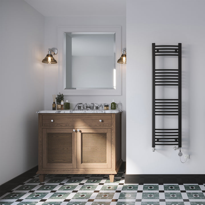 Zennor - Black Dual Fuel Towel Rail H1400mm x W400mm Thermostatic - Curved