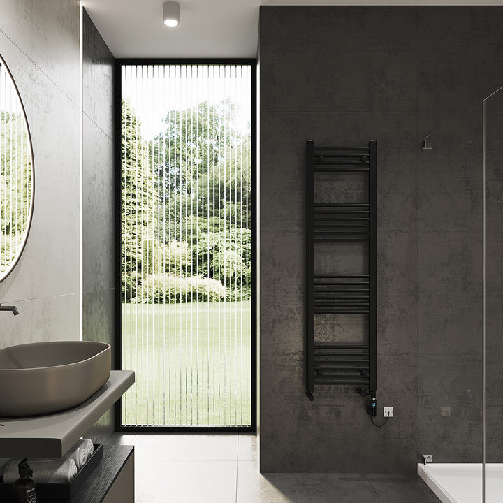 Zennor - Black Dual Fuel Towel Rail H1400mm x W400mm Thermostatic WIFI - Straight