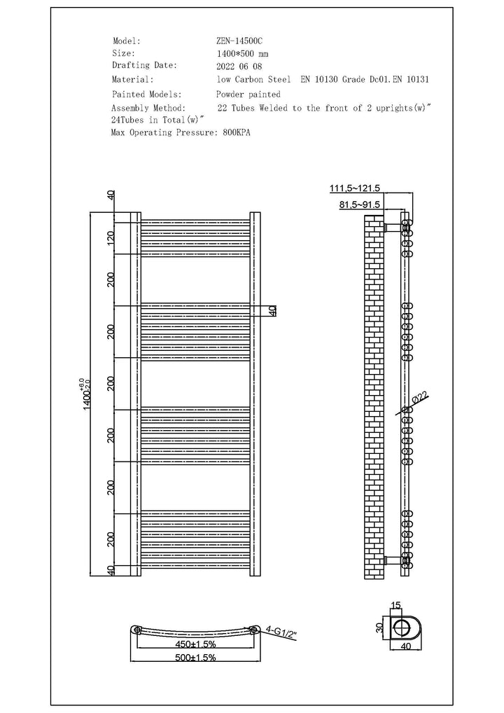 Zennor - Chrome Dual Fuel Towel Rail H1400mm x W500mm Thermostatic - Curved