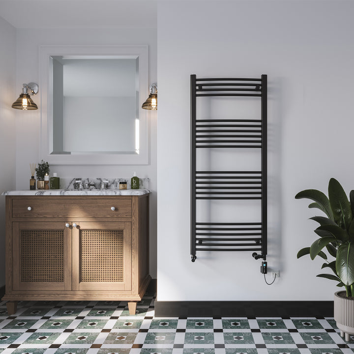 Zennor - Black Dual Fuel Towel Rail H1400mm x W600mm Thermostatic WIFI - Curved