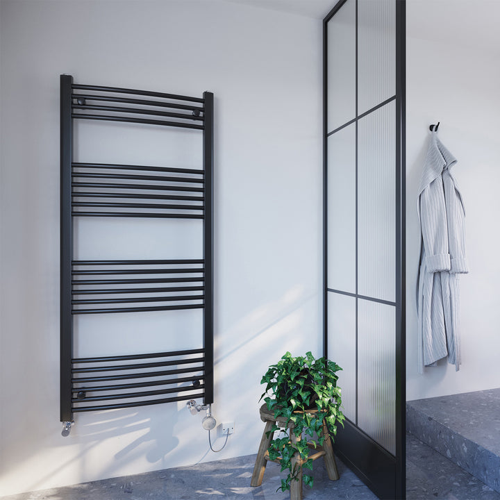 Zennor - Black Dual Fuel Towel Rail H1400mm x W600mm Thermostatic - Curved