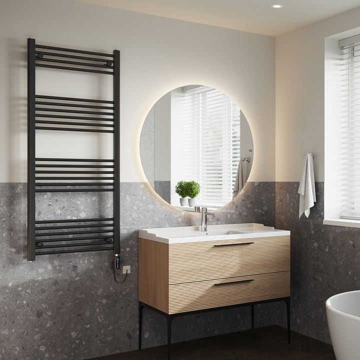 Zennor - Black Electric Towel Rail H1400mm x W600mm Straight 700w Thermostatic WIFI