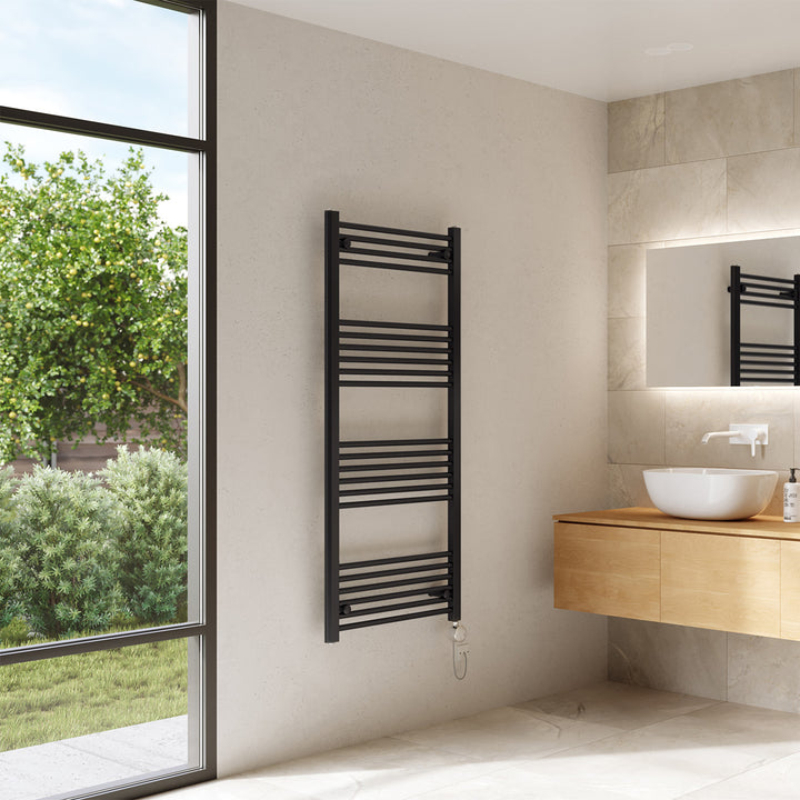 Zennor - Black Electric Towel Rail H1400mm x W600mm Straight 600w Thermostatic