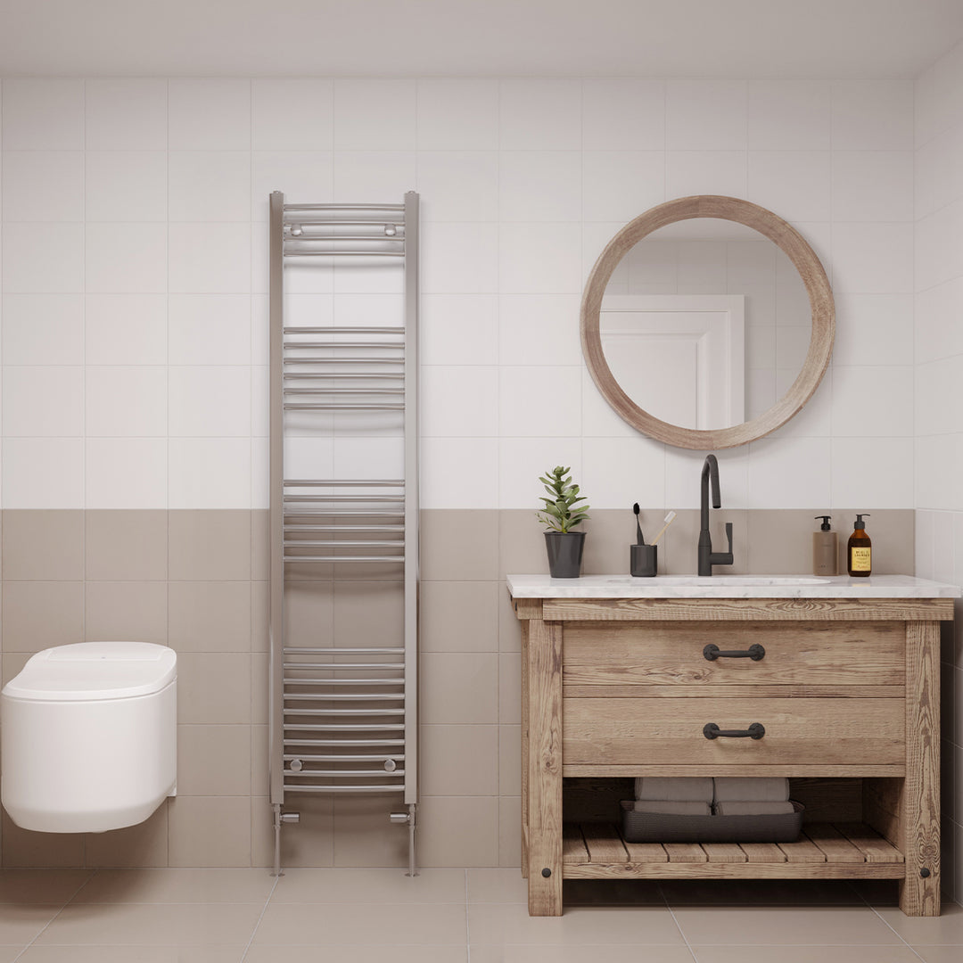 Zennor chrome heated towel rail, 1600mm x 400mm curved bathroom radiator, fitted in a modern bathroom