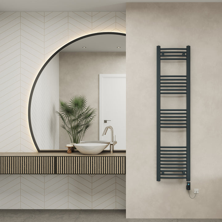 Zennor - Anthracite Electric Towel Rail H1600mm x W400mm Curved 600w Thermostatic WIFI