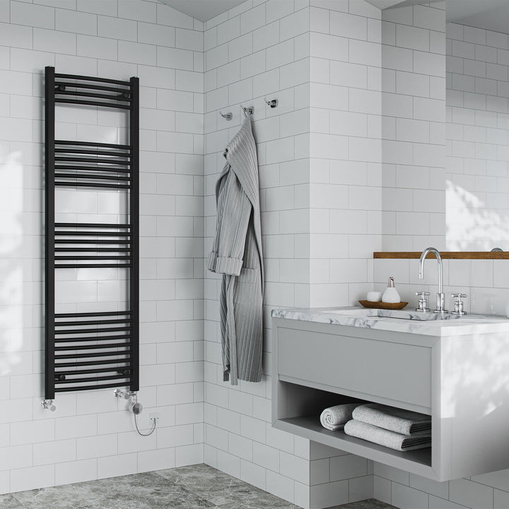 Zennor - Black Dual Fuel Towel Rail H1600mm x W500mm Thermostatic - Curved