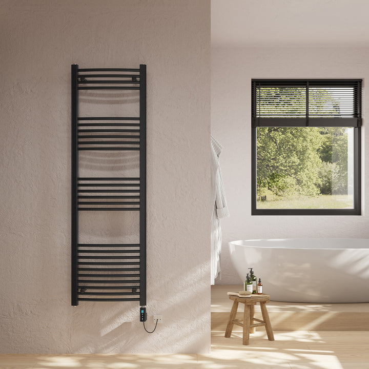 Zennor - Black Electric Towel Rail H1600mm x W500mm Curved 600w Thermostatic WIFI