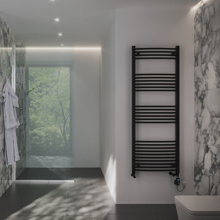 Zennor - Black Dual Fuel Towel Rail H1600mm x W600mm Thermostatic WIFI - Curved