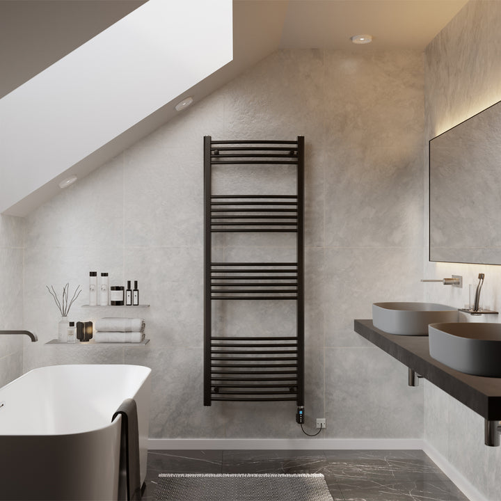 Zennor - Black Electric Towel Rail H1600mm x W600mm Curved 800w Thermostatic WIFI