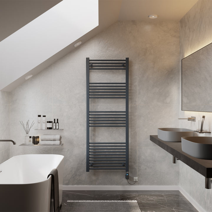 Zennor - Anthracite Electric Towel Rail H1600mm x W600mm Straight 800w Thermostatic WIFI