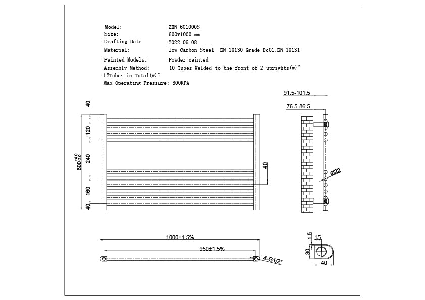 Technical specification sheet for Zennor anthracite heated towel rail, 600mm x 1000mm straight wall-mounted radiator, showing dimensions and key details