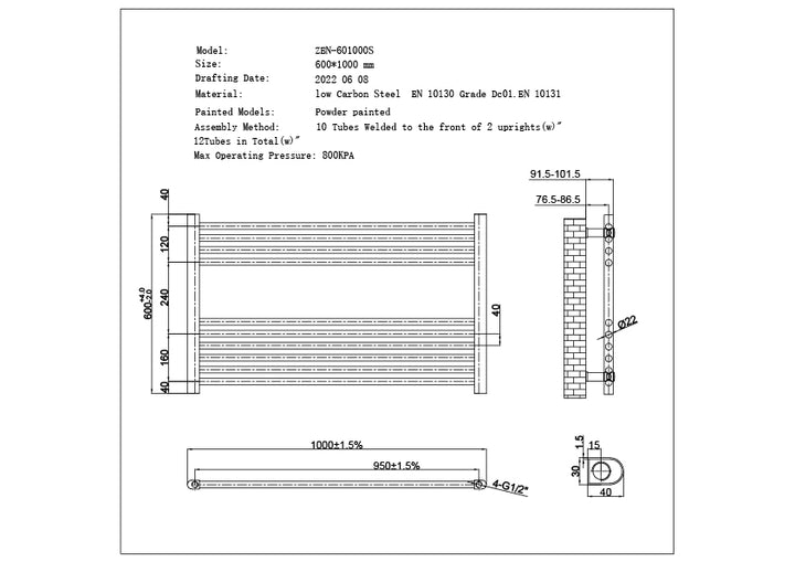Technical specification sheet for Zennor anthracite heated towel rail, 600mm x 1000mm straight wall-mounted radiator, showing dimensions and key details