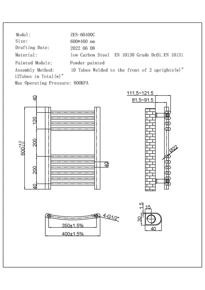 Zennor - Black Dual Fuel Towel Rail H600mm x W400mm Standard