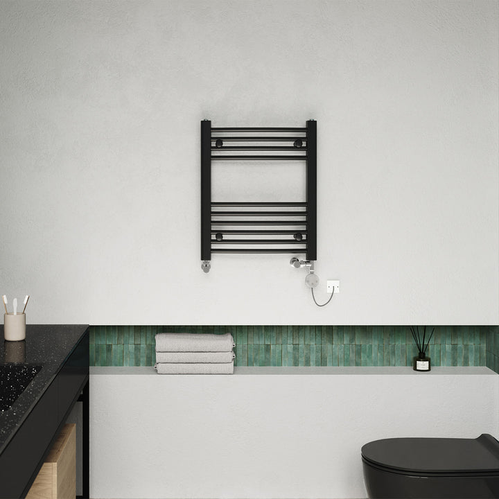 Zennor - Black Dual Fuel Towel Rail H600mm x W500mm Thermostatic - Curved