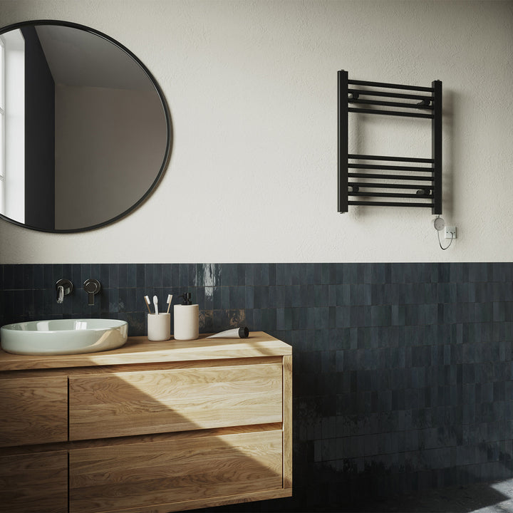 Zennor - Black Electric Towel Rail H600mm x W500mm Straight 300w Thermostatic