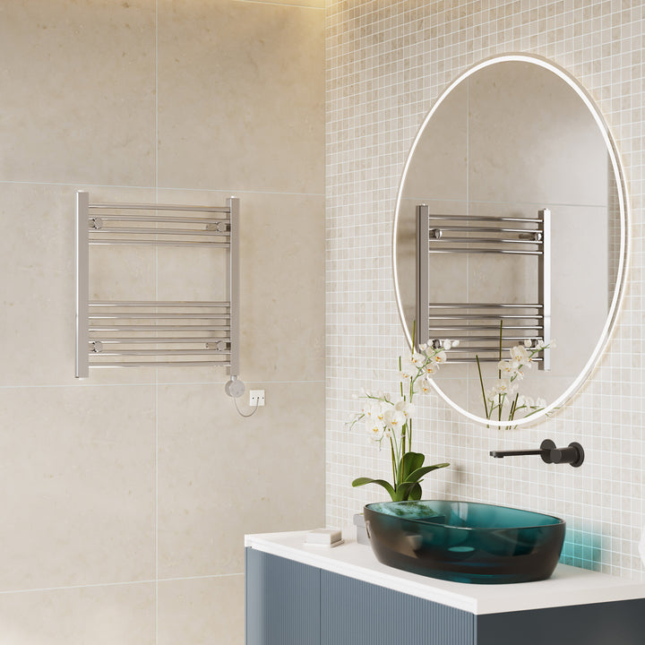 Zennor - Chrome Electric Towel Rail H600mm x W600mm Curved 300w Thermostatic