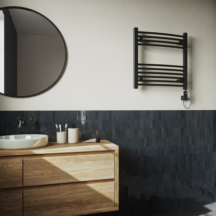 Zennor - Black Electric Towel Rail H600mm x W600mm Curved 300w Thermostatic WIFI