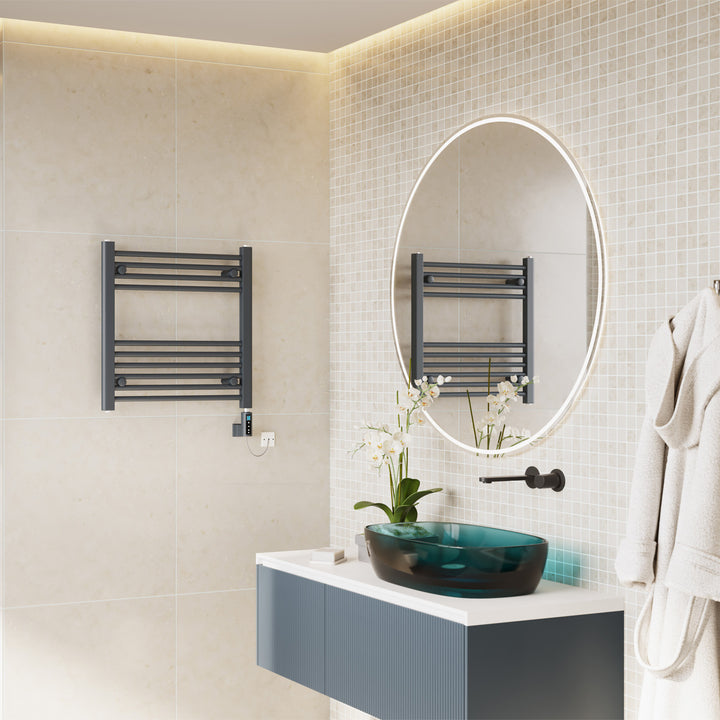 Zennor - Anthracite Electric Towel Rail H600mm x W600mm Straight 300w Thermostatic WIFI