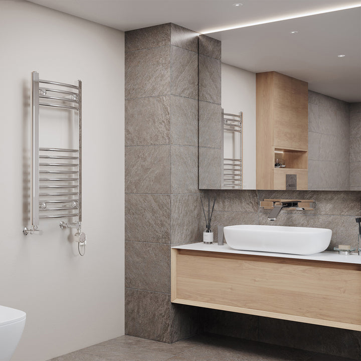 Zennor - Chrome Dual Fuel Towel Rail H800mm x W400mm Thermostatic - Curved