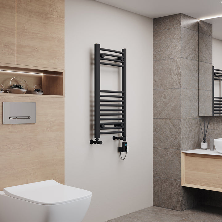 Zennor - Black Dual Fuel Towel Rail H800mm x W400mm Thermostatic WIFI - Curved