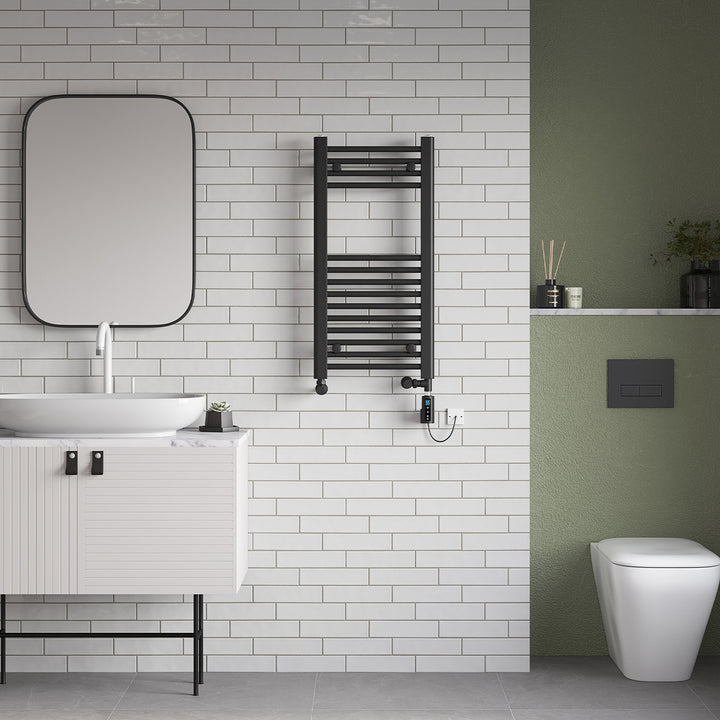 Zennor - Black Dual Fuel Towel Rail H800mm x W400mm Thermostatic WIFI - Straight